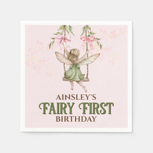 Pink Bow Fairy First 1st Birthday Personalised Napkin (Front)