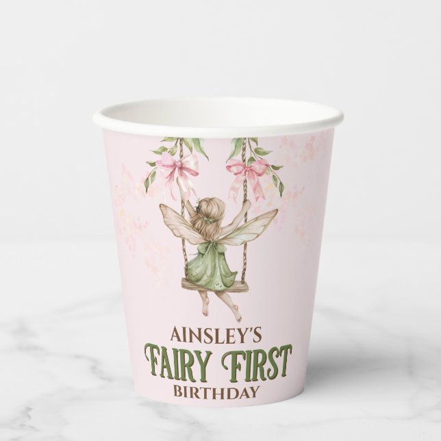 Pink Bow Fairy First 1st Birthday Personalised Paper Cups (Front)