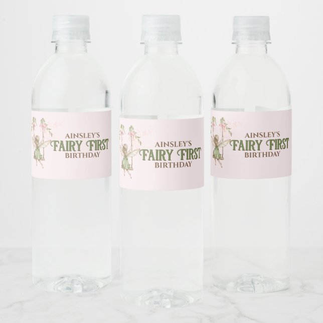 Pink Bow Fairy First 1st Birthday Personalised Water Bottle Label (Bottles)