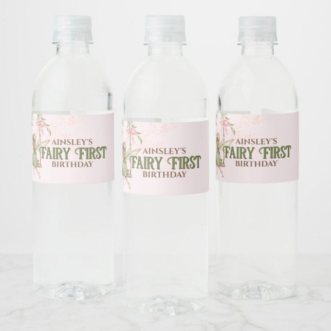 Pink Bow Fairy First 1st Birthday Personalised Water Bottle Label (Bottles)