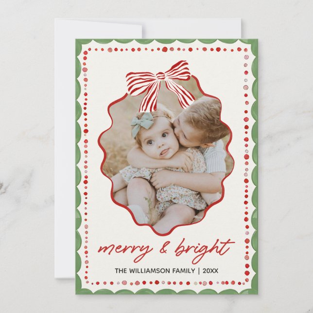 Pink Bow Family Photo Christmas Holiday Card (Front)