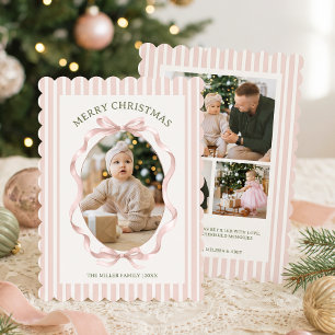 Pink Bow Family Photo Stripes Christmas Holiday Card