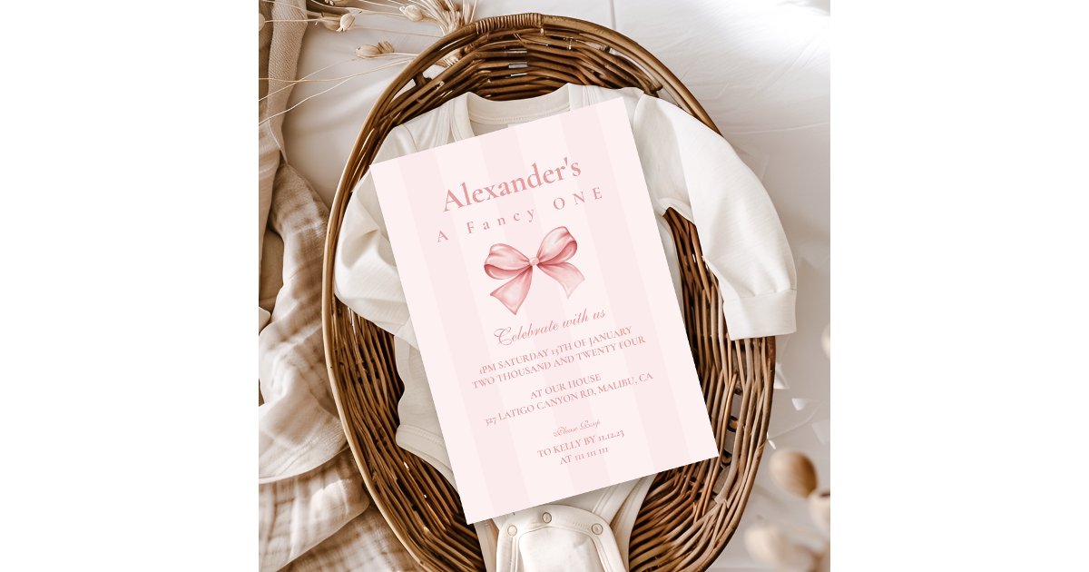 Pink Bow Fancy ONE Girl 1st Birthday Invitation | Zazzle