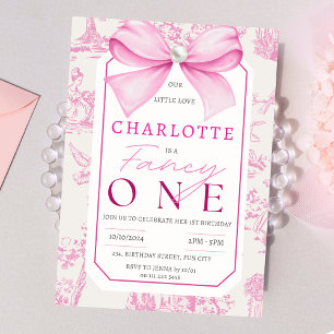 Pink Bow Fancy One Girl Chic Coquette 1st Birthday Invitation