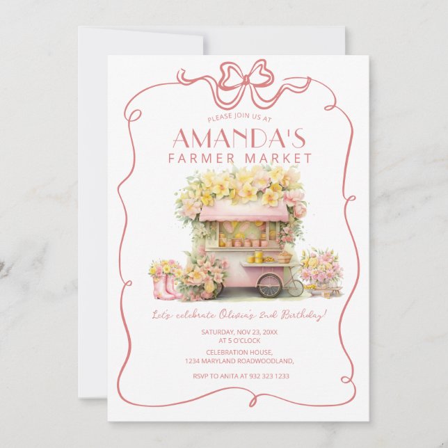 Pink Bow Farmer Market Floral Birthday  Invitation (Front)