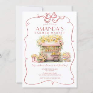 Pink Bow Farmer Market Floral Birthday  Invitation