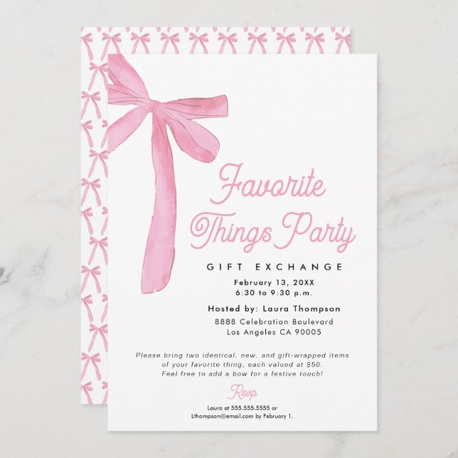 Pink Bow Favourite Things Party Gift Exchange Invitation (Front/Back)