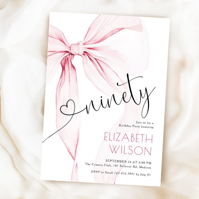 Pink Bow Feminine 90th Birthday Invitation (Creator Uploaded)