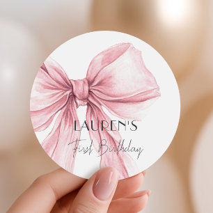 Pink Bow First Birthday Favour Classic Round Sticker