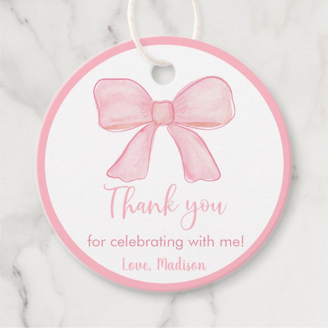 Pink Bow First Birthday Favour Tags (Front)