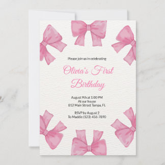 Pink Bow First Birthday Invitation
