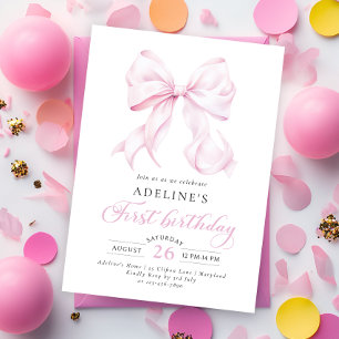 Pink Bow First Birthday Invitation