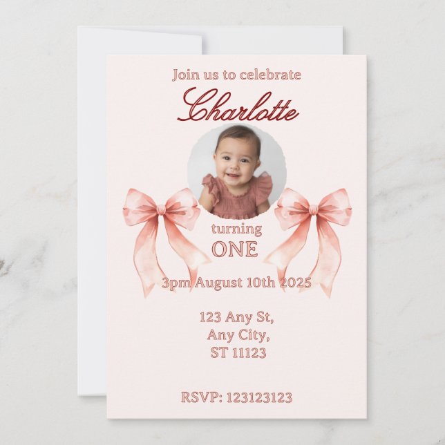 Pink Bow First Birthday! Invitation (Front)