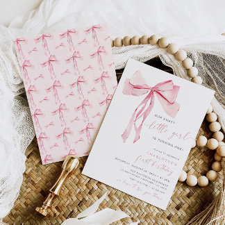 Pink Bow First Birthday Invitation Girl Coquette