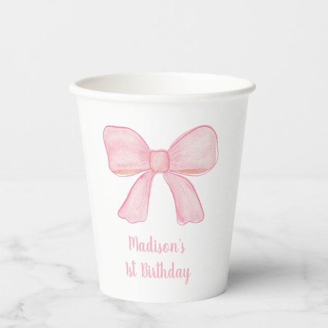 Pink Bow First Birthday Paper Cups (Front)