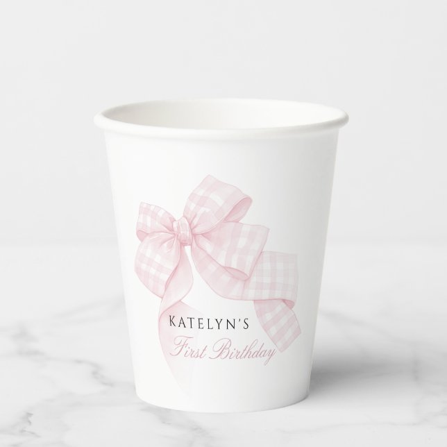 Pink Bow First Birthday Paper Cups (Front)