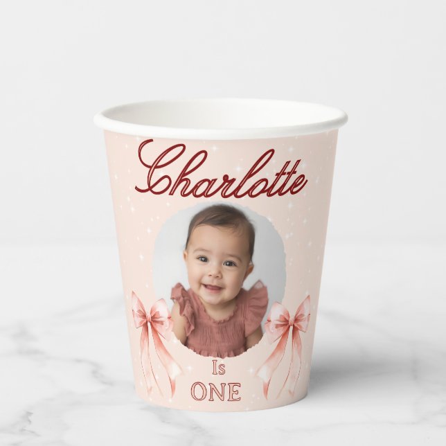 Pink Bow First Birthday! Paper Cups (Front)