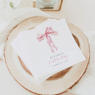 Pink Bow First Birthday Paper Napkin Girl Coquette