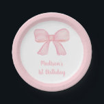 Pink Bow First Birthday Paper Plate<br><div class="desc">These cute birthday paper plates feature a hand painted pink watercolor bow with a squiggle border.</div>