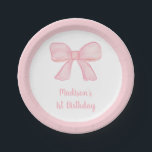 Pink Bow First Birthday Paper Plate<br><div class="desc">These cute birthday paper plates feature a hand painted pink watercolor bow with a squiggle border.</div>
