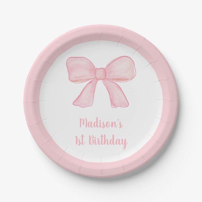 Pink Bow First Birthday Paper Plate (Front)