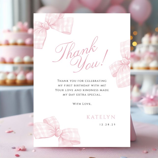Pink Bow First Birthday Photo Thank You Card (Creator Uploaded)