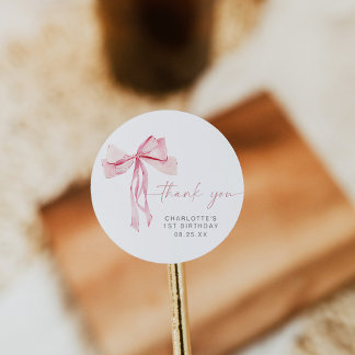 Pink Bow First Birthday Round Sticker Blush Ribbon