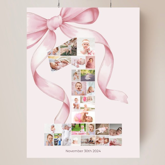 Pink Bow First Birthday Sign Photo Collage (pink bow first birthday photo collage coquette decor)