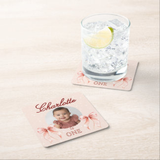 Pink Bow First Birthday! Square Paper Coaster