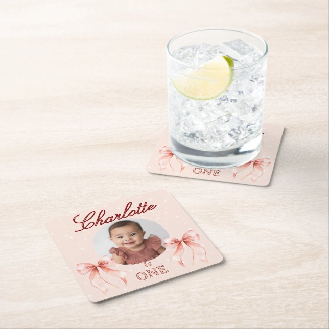 Pink Bow First Birthday! Square Paper Coaster (Insitu)