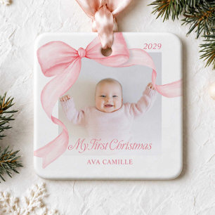 Pink Bow First Christmas Photo Ornament