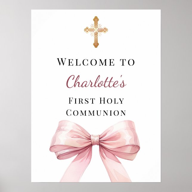 Pink bow First Holy Communion welcome Poster (Front)