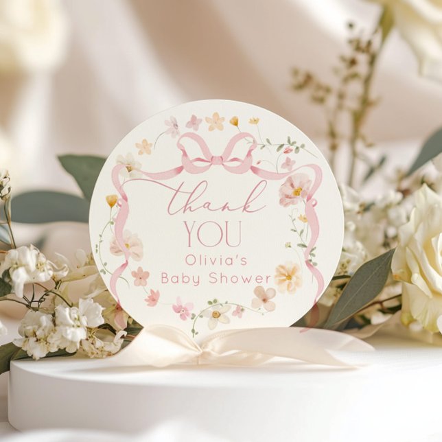  Pink Bow floral Baby in Bloom Baby Shower Classic Round Sticker (Creator Uploaded)