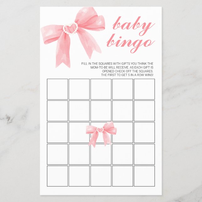 Pink Bow floral Baby Shower Bingo Flyer (Front)