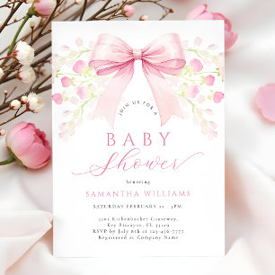 Pink Bow Floral Baby Shower Invitation