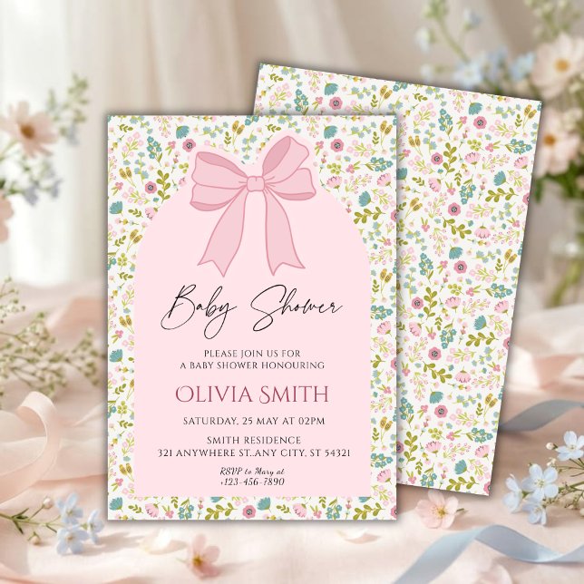 Pink Bow Floral Baby Shower Invitation (Creator Uploaded)