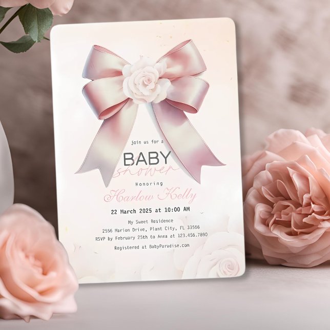 Pink Bow floral Baby Shower  Invitation (Creator Uploaded)