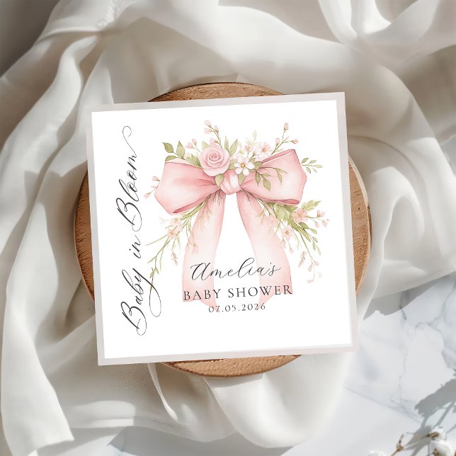 Pink Bow Floral Baby Shower Paper Napkin (Creator Uploaded)