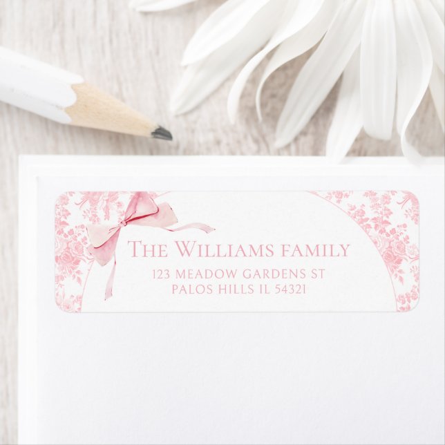 Pink Bow Floral Baby Shower return address labels (Insitu)