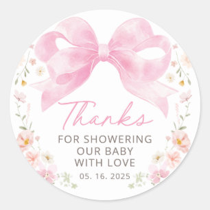 Pink Bow Floral Baby Shower Thank You Favour Classic Round Sticker