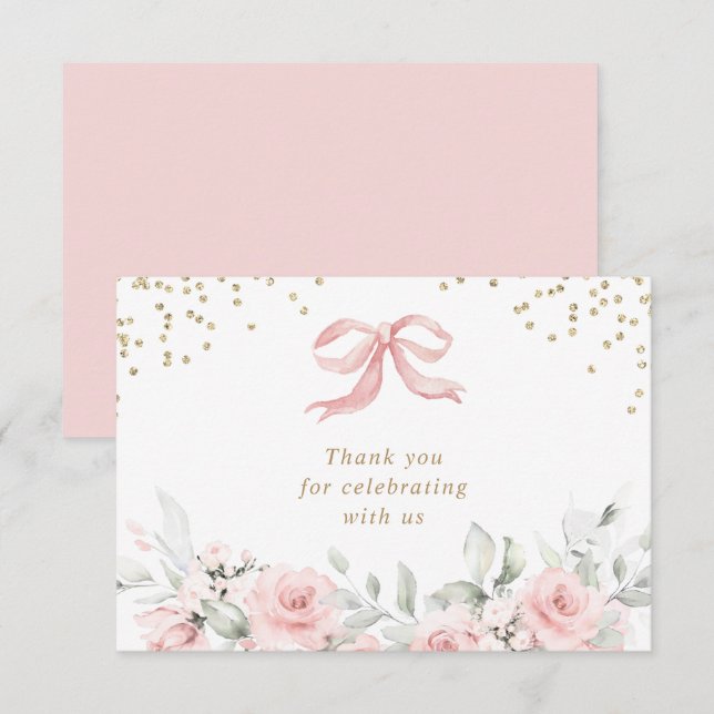 Pink Bow Floral Blush Gold Baby Shower Thank You Card (Front/Back)