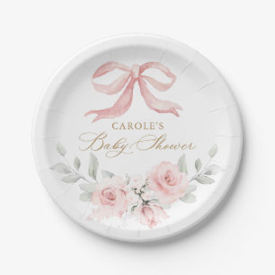 Pink Bow Floral Blush Greenery Baby Shower Paper Plate
