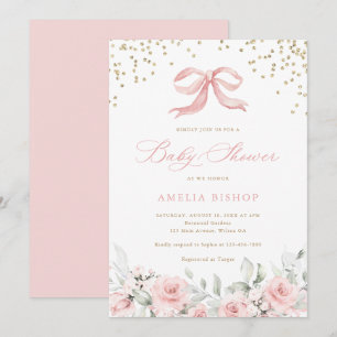 Pink Bow Floral Blush Greenery Gold Baby Shower Invitation