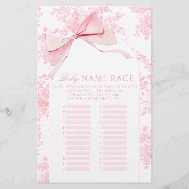 Pink Bow Floral Boho Baby Shower Name Race Game (Front)