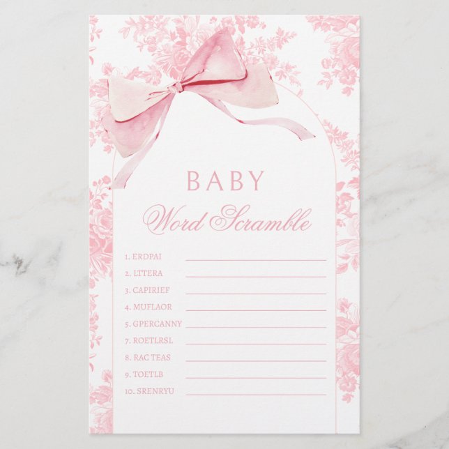 Pink Bow Floral Boho Baby Shower Scramble Game (Front)