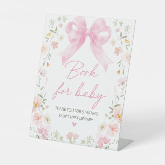 Pink Bow Floral Book For Baby Baby Shower Table Pedestal Sign