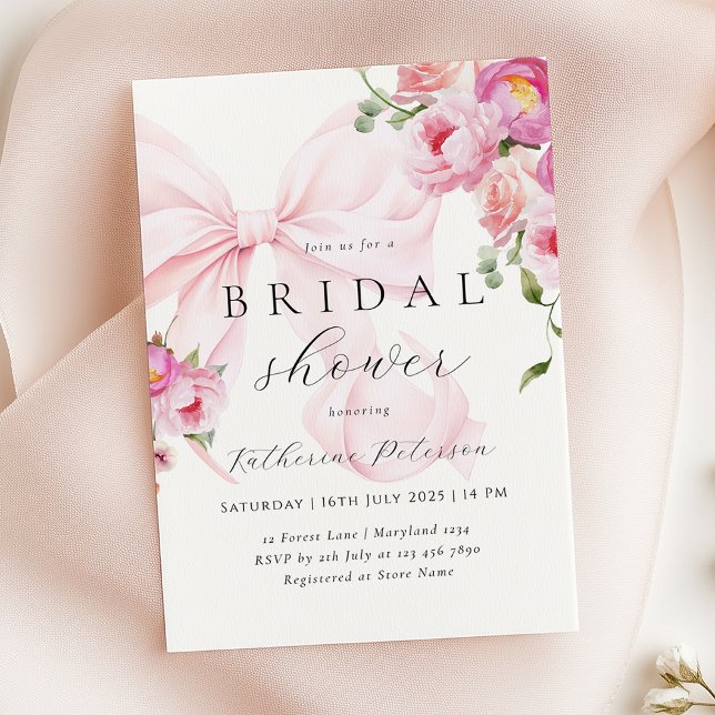 Pink Bow Floral Bridal Shower Invitation (Creator Uploaded)