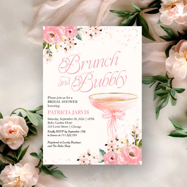 Pink Bow Floral Brunch And Bubbly Bridal Shower Invitation | Zazzle