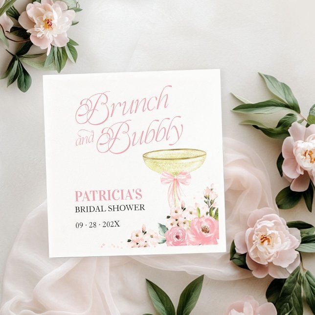 Pink Bow Floral Brunch And Bubbly Bridal Shower Napkin (Creator Uploaded)