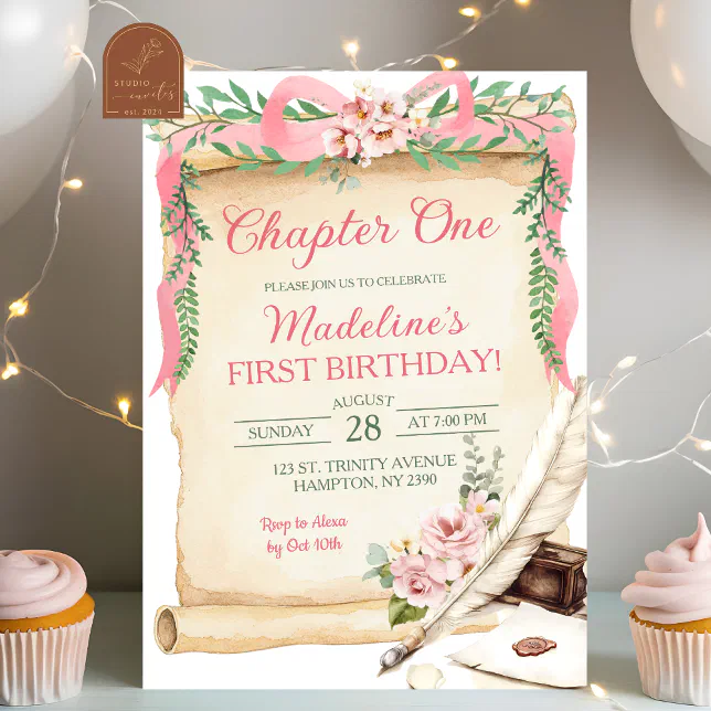 Pink Bow Floral Chapter One First Birthday Girl Invitation | Zazzle